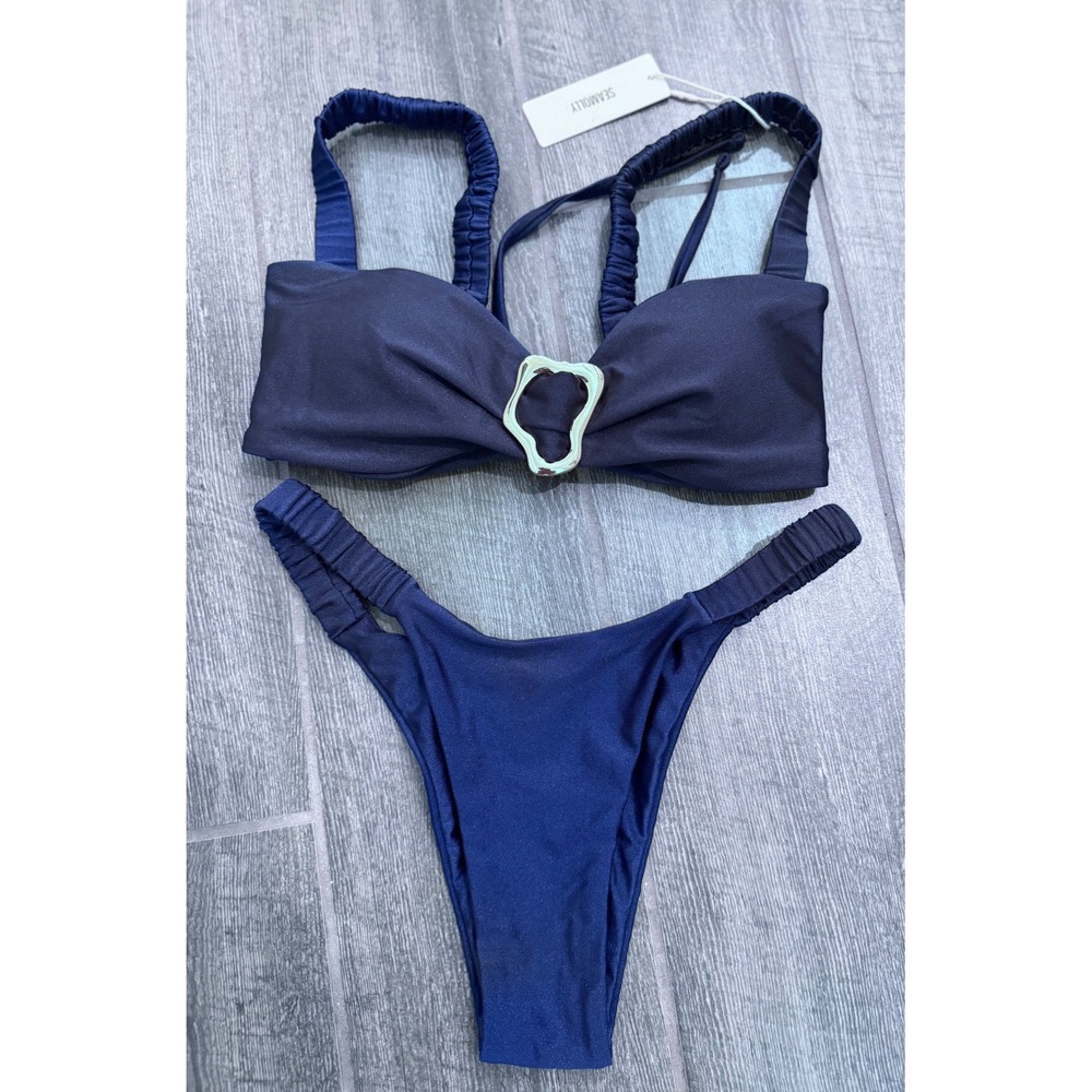 SEAMOLLY DECORATIVE METAL RING ELASTIC STRAPS RUCHED HIGH LEG BIKINI SET BLUE S - Picture 4 of 6